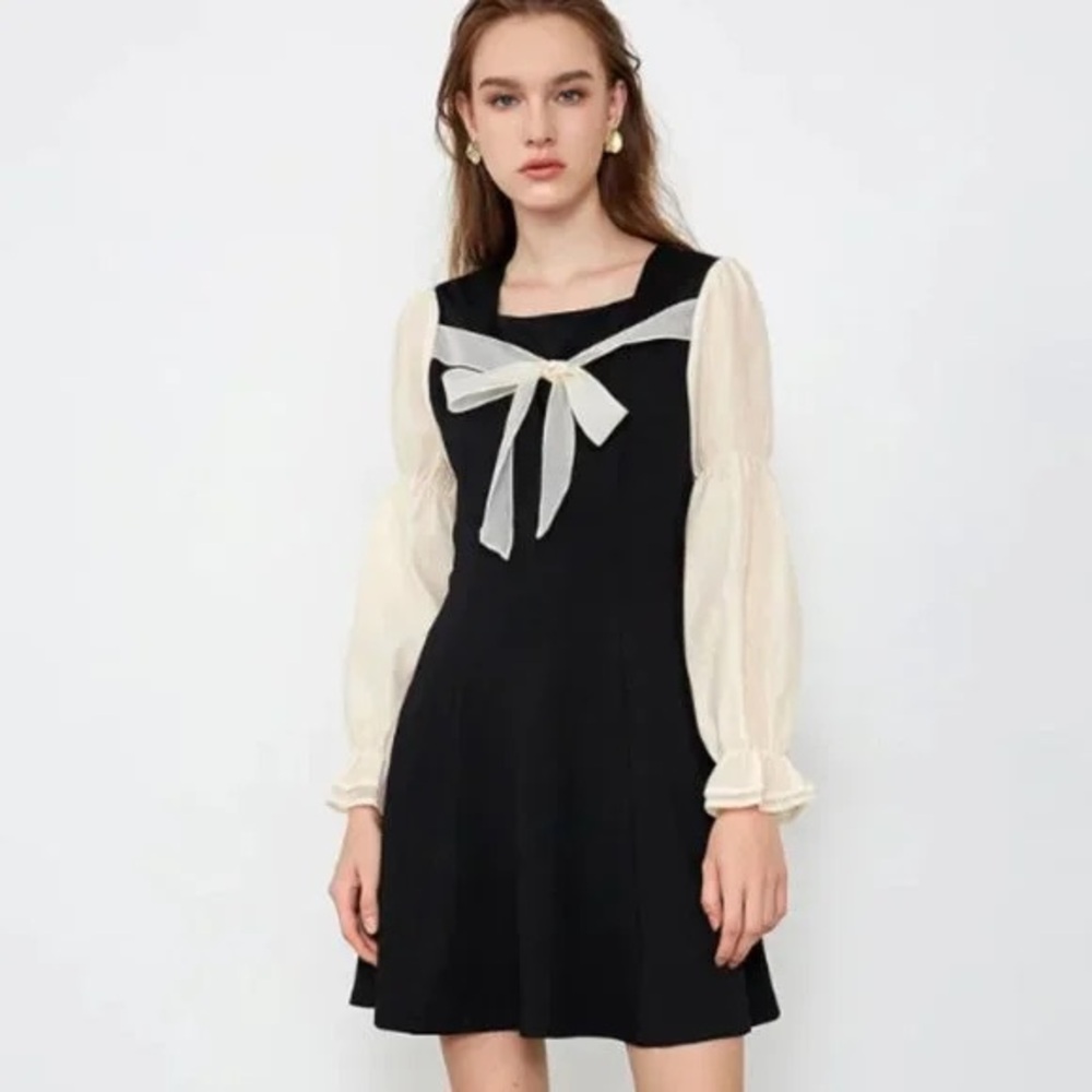 J.ING Black Dress with Cream Bow and Sheer Sleeves